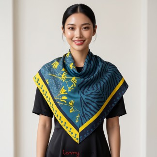 Yellow and navy silk scarf 100x100cm